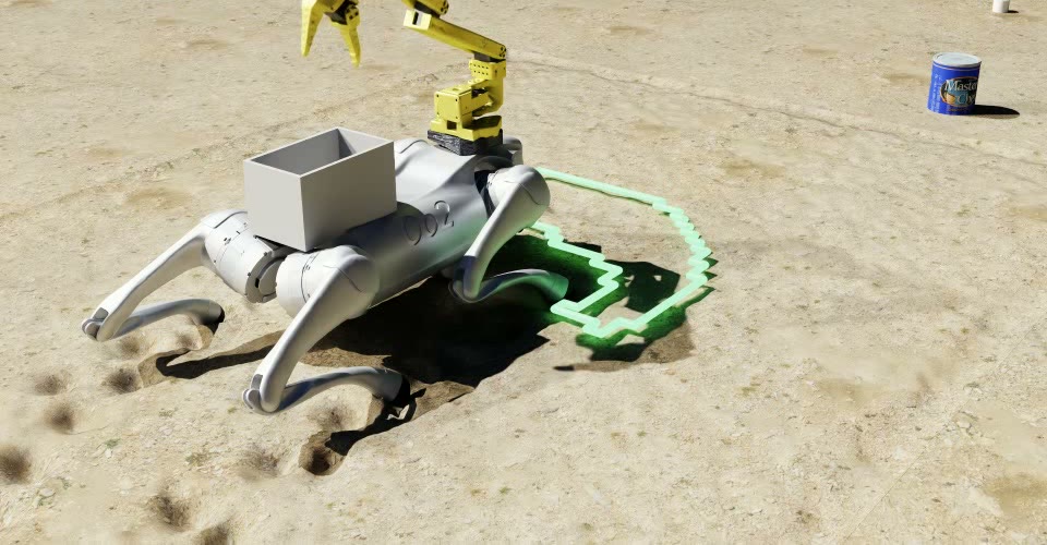 The robot on sand, leaving footprints, next to a can