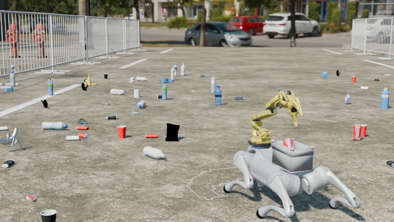 The robot in a city street covered in bottles and cups after a marathon