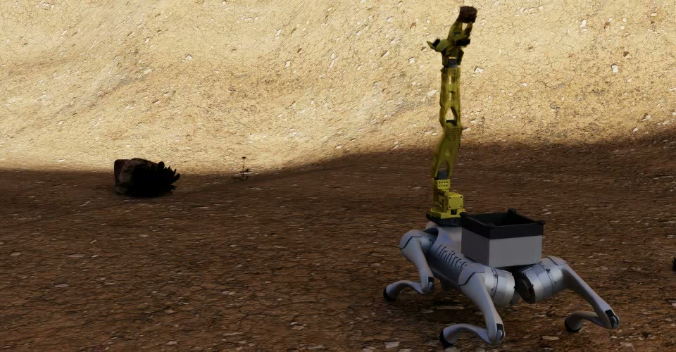 The robot with its arm raised in a rocky mountain valley
